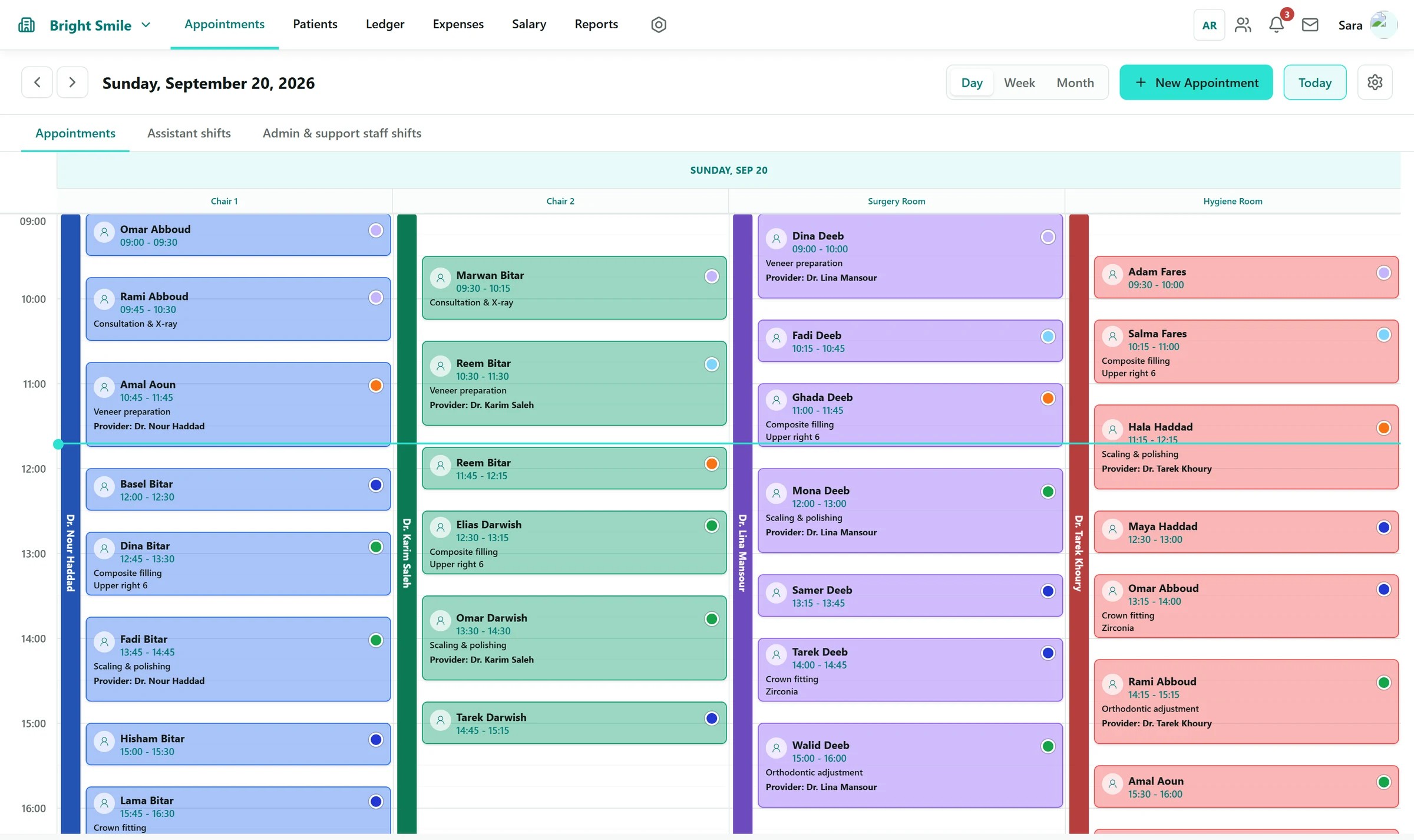 Tayf appointment calendar — a full clinic day